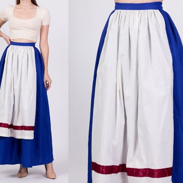 Vintage 70s Folk Costume Skirt Medium, 29.5" | Blue White Apron High Waist Full Maxi Skirt 