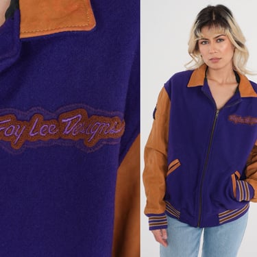 90s Letterman Jacket Troy Lee Designs Racing Purple Varsity Jacket Wool Leather Baseball Zip Up Bomber Retro Vintage 1990s Medium M 