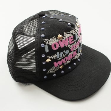 Vintage 80s Trucker Hat - Black with Puff Screen Print - Sad 80's Capitalist Humor - Added Gold Pyramid Studs and Pearly Lavender Studs 