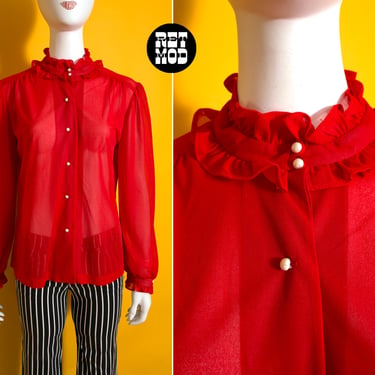 Chic Vintage 60s 70s Orange-Red Semi-Sheer Long Sleeve Blouse with Ruffle Collar and Cuffs 