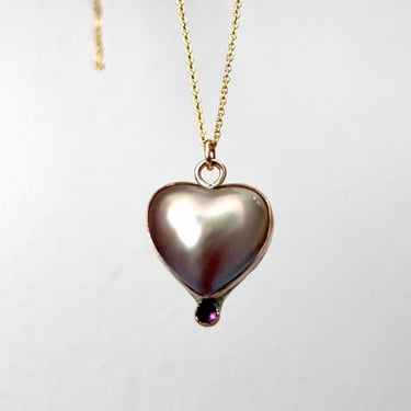 Pearl Heart Necklace with Amethyst in 14k Goldfill Handmde Bezel 