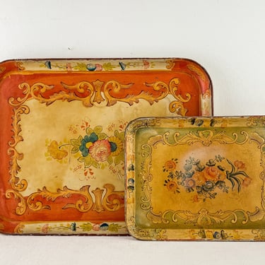 Set of Two Vintage Paper Mache Floral Trays, Made in Japan, Rectangular Decorative Trays, Orange and Golden Yellow Decor 