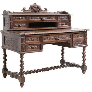 Antique, Desk, Writing, French Henri II Style, Carved Oak, Crest, Foliate, 1800s