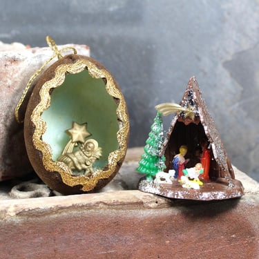 Pair of 1950s Nativity Ornaments | Vintage Christian Ornaments | Manger and Baby Jesus | Bixley Shop 