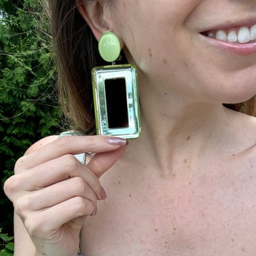 French Spring Green Square Mirror Clip On Earrings