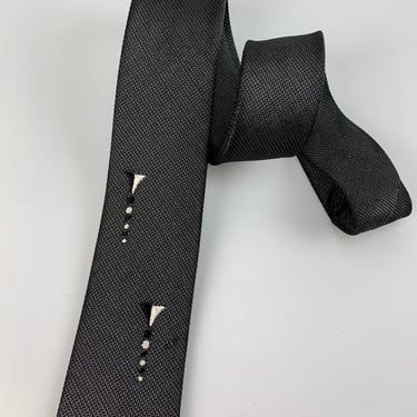 1960's MOD Tie - Gray with Black Weave - Interesting Black & White Crest - Square-End Tie 