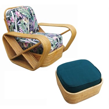 Restored Paul Frankl Style Six-Strand Square Pretzel Rattan Lounge Chair Ottoman 