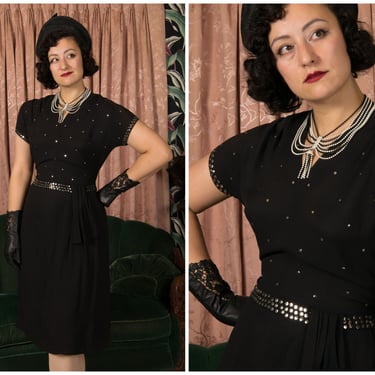 1940s Dress - Vampy Vintage 40s Cocktail Dress in Black Rayon Crepe with Silver Tone Studs and Hip Sash Wounded Bird 