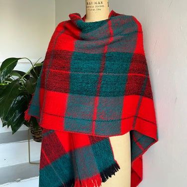 Late 1960s Wool Plaid Poncho Wrap Red Green Holiday Winter Wrap One Size Fits Most 