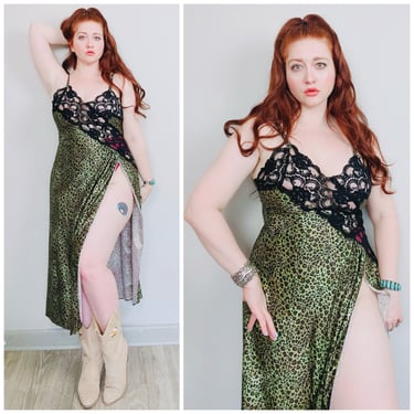 1980s Vintage Green and Black Nylon Leopard Print Nightgown / 80s Lace Illusion Side Slit Slip Dress / Size Medium 