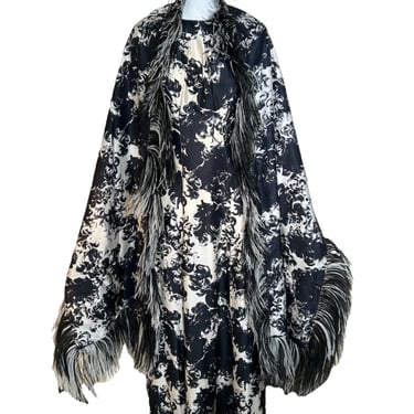 Incredible Sophie of Saks 60s Abstract Black & White Gown with Ostrich Feather Stole