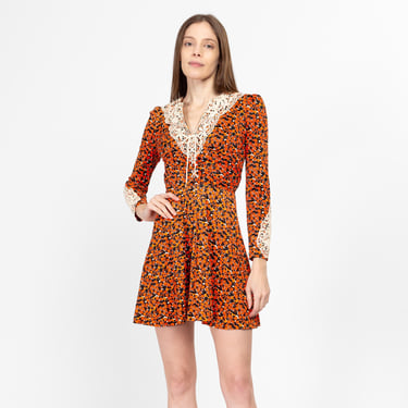 XS 70s Boho Orange Floral Babydoll Mini Dress | Vintage Corset Tie A Line Long Sleeve Prairie Dress 