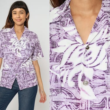 70s Hawaiian Shirt Purple Tiki Top Button up Shirt Floral Geometric Print Top Short Sleeve Summer Aloha Vintage 1970s Extra Small xs 