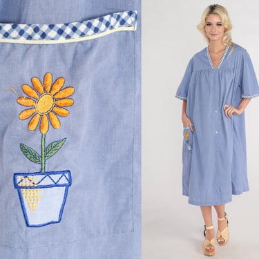 80s Lounge Dress Blue Pajama Dress Floral Embroidered Button up Midi Nightie Loungewear Sleep Nightgown Loose Tent Vintage 1980s 2xl xxl 