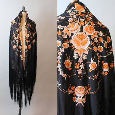 1920s RARE PUMPKIN ROSES piano scarf fringe embroidered | new fall 