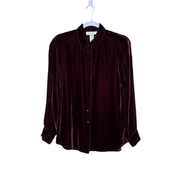 JONES NEW YORK Women’s Burgundy Rayon Silk Velvet Button Down Long Sleeve Blouse size 10 