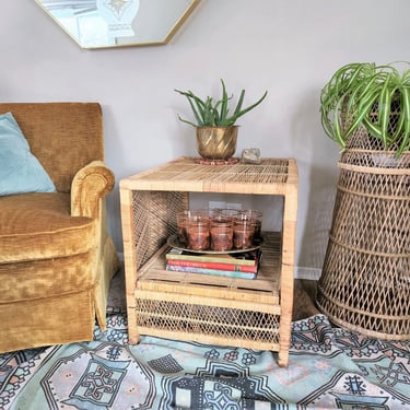 Vintage Boho Wicker End Table, Side Table (SHIPPING EXTRA) | Bohemian Rattan Seagrass Side Table, Buri Woven Coffee Table 