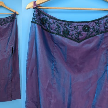 Vintage Y2K Partytime Purple Blue Iridescent Beaded Maxi Skirt with Slit - Medium 2000s Formal Prom Skirt 