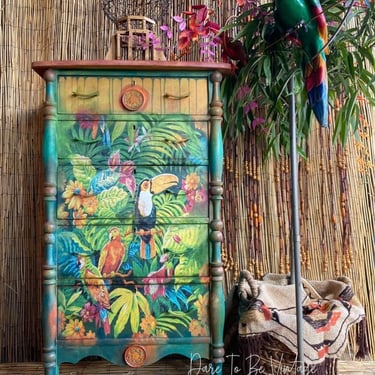 Tropical Hand Painted Dresser ~ Hand Painted Botanical Dresser ~ Parrot ~ Jungle ~ Vintage Painted Dresser ~ Hand Painted Colorful Dresser 