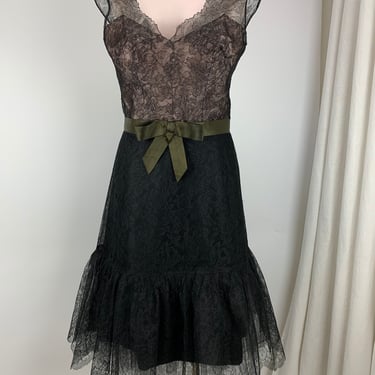 1950's Cocktail Dress - Chantilly Lace - SAK'S FIFTH AVENUE - Deep V Neckline - Low Lace Kick Skirt - Size Medium 