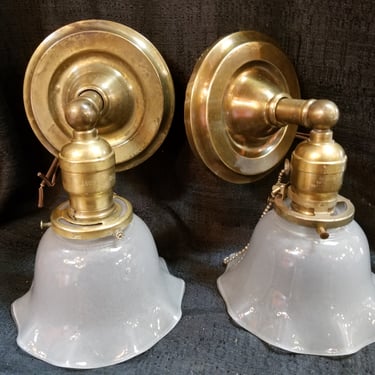 Pair of Vintage Brass Sconces with Frosted Ruffle Shades