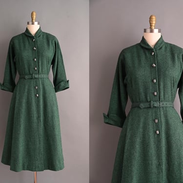 vintage 1950s Dress | R&K Forest Green Winter Wool Full Skirt Christmas Dress | Medium 