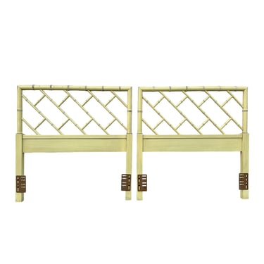 Set of 2 Chinese Chippendale Twin Headboards by Henry Link Bali Hai - Vintage Yellow Faux Bamboo Fretwork Full Chinoiserie Coastal Pair 