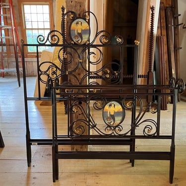 Pair of Iron Beds with Paint Decoration, Twin Size, Not Antique