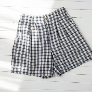 high waisted shorts | 80s 90s vintage navy blue white plaid cotton elastic waist pleated shorts 