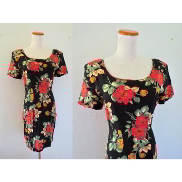 Vintage Black Floral Print Dress - Women's 90s Flower Print Summer Fitted Sundress - Size Small 