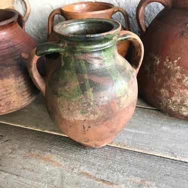 Antique Terra Cotta Jug, Garden Pot, Redware, Green Glaze, Utensil Holder, Garden Pottery, European Farmhouse Kitchen Cuisine 