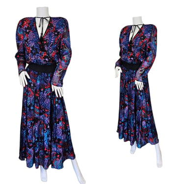 Diane Freis 1980's Blue Purple Floral Rayon Burnt Velvet Sequin Peasant Dress I Sz Med 