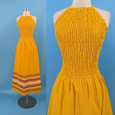 Seventies Yellow Cotton Smocked Halter Maxi Dress - Medium 70s Yellow Maxi Dress 