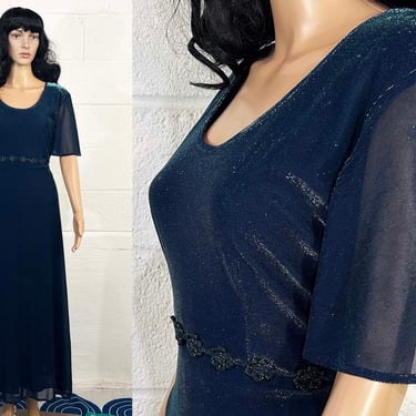 Vintage Blue Glittery Dress Glitter Formal Babydoll Flutter Short Sleeve Witchy 90s Maxi Prom New Year's Party Molly Malloy 1990s Large 