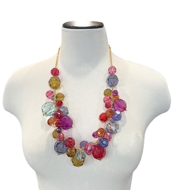 Signed Joan Rivers Faceted Lucite Bead Statement Necklace Gold Rainbow Baubles 
