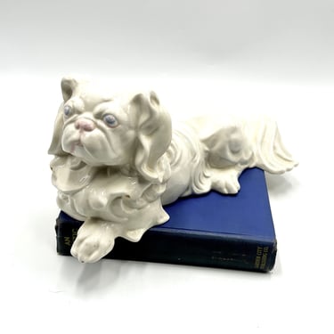 Vintage Pekingnese White Ceramic Dog Figurine, Large 12.5