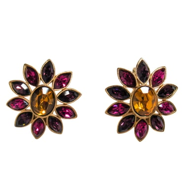 Yves Saint Laurent - Gold, Pink & Purple Jeweled Flower Clip-On Earrings