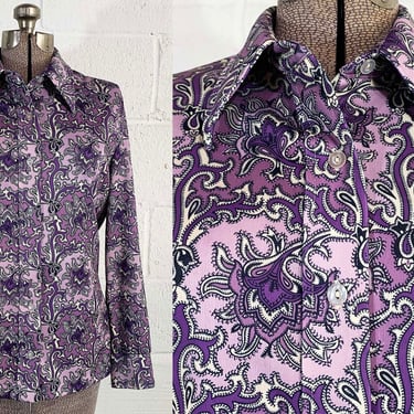 Vintage Purple Paisley Shirt Devon Psychedelic Top Long Sleeve Shirt Blouse Mod Minx TV Movie Costume Large 1970s 