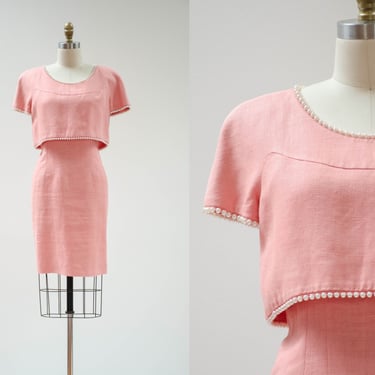 peach linen dress | 80s 90s vintage Albert Nipon pastel orange pink pearl romantic cottagecore mini dress 