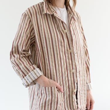 Vintage Tan Orange White Striped Shirt Jacket | Unisex Flannel Stripe Cotton Pajama Chore shirt | M L | SJ055 