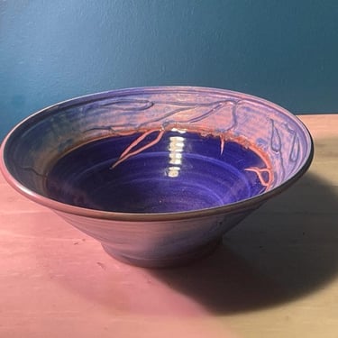 Exceptional Late 1980s Signed Art Pottery Bowl - Deep Indigo & Pale Blue with Mauve Botanicals - Studio Ceramic Masterpiece 