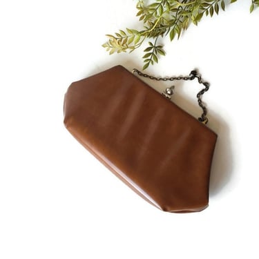 Vintage Brown Faux Leather Clutch Purse Evening Bag/ Gold Metal Hide Away Chain Strap, Tear Drop Clasp/Small Mid Century Handbag/ 50s 60s 