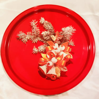 Vintage 10 inch round Holiday serving tray Retro Christmas 