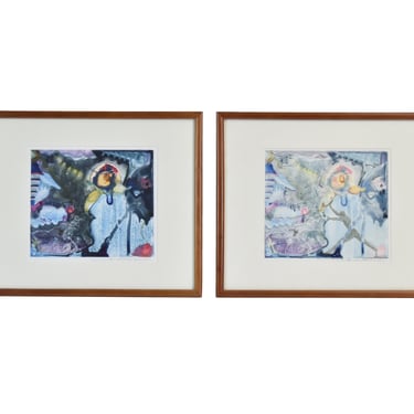 Pair Annelies van Dommelen Modern Abstract Monoprints Saturated Colors & Forms 