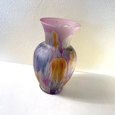 Vintage 1980s Hand Blown Jerusalem Art Glass Hand Painted Frosted Drip Glaze Large Flower Vase 