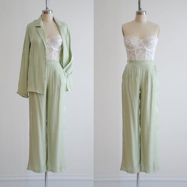 mint green pants set 90s y2k vintage shimmery shiny pastel green oversized blouse wide leg pants 
