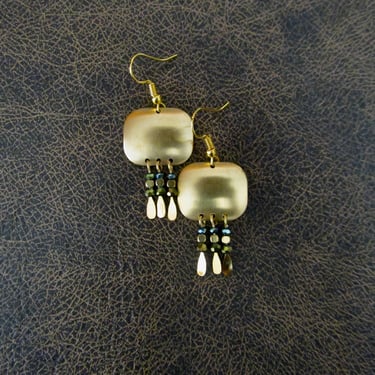 Brass chandelier earrings, boho geometric dangle earrings, gypsy earrings, unique earrings, bohemian, rustic earrings, teal crystal small 