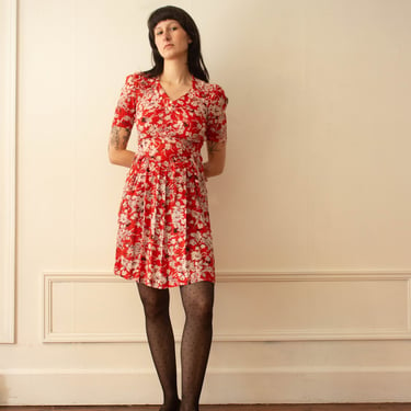 1940s Red Floral Rayon Dress 