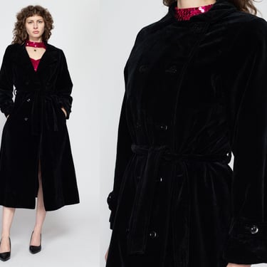 Medium 70s I. Magnin Black Velvet Maxi Trench Coat | Vintage Gothic Belted Double Breasted Long Duster Jacket 
