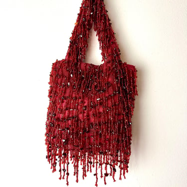 Retro glass beaded fringed purse~ evening bag whimsical wristlet Dark red embellished flapper girl vibes 90’s Y2K 1920’s valentines inspired 